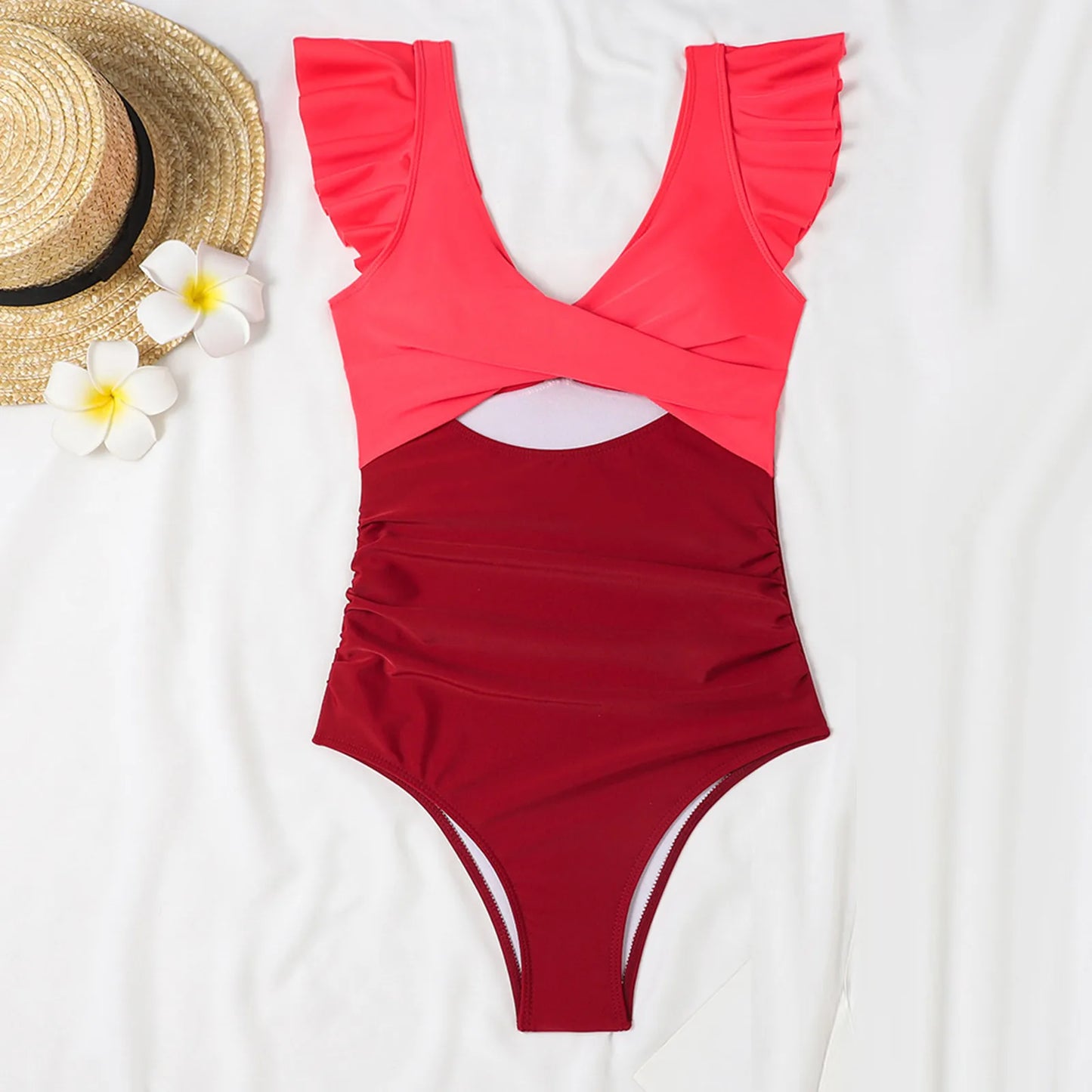 One Piece Swimsuit V Neck Solid Color Backless Tummy Control