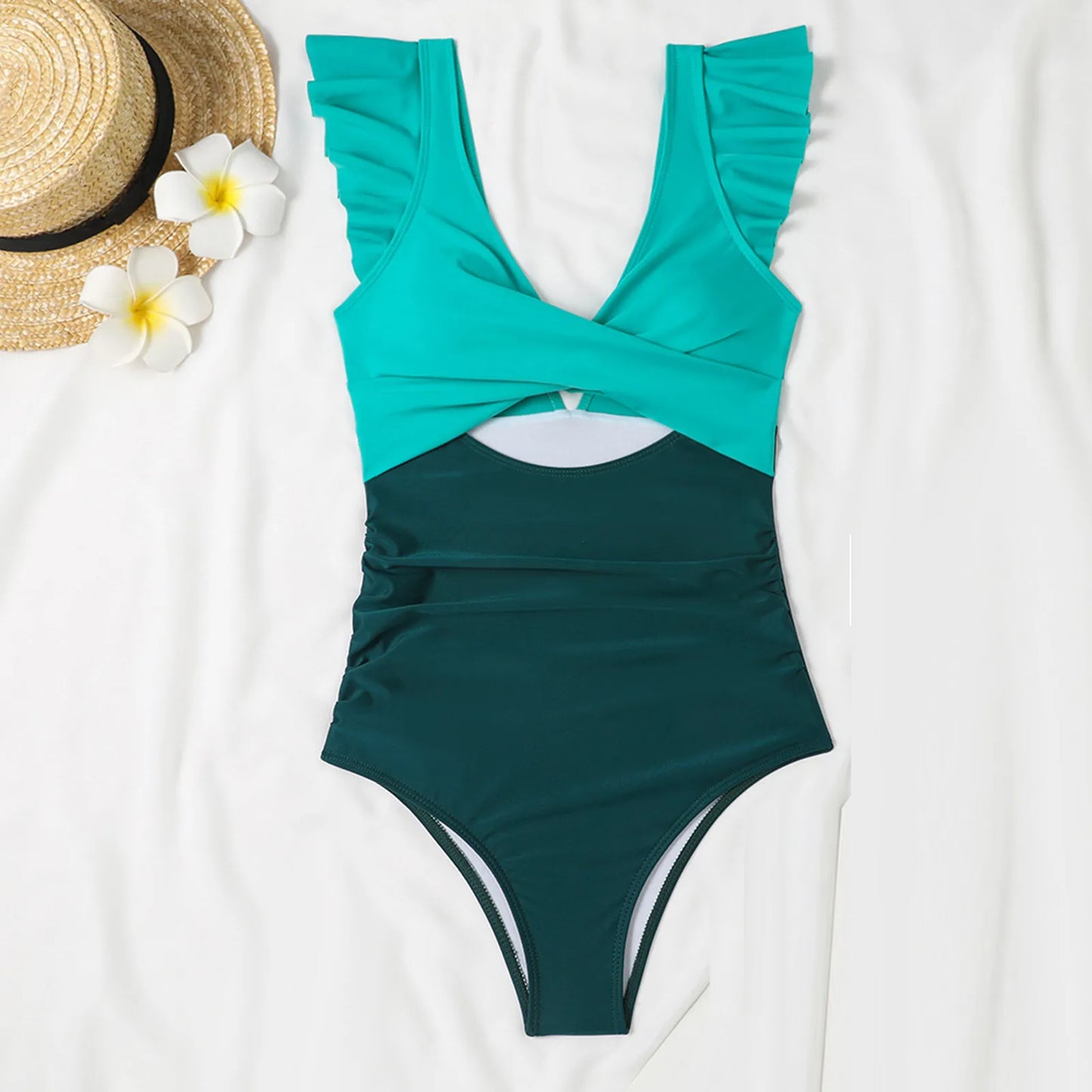 One Piece Swimsuit V Neck Solid Color Backless Tummy Control