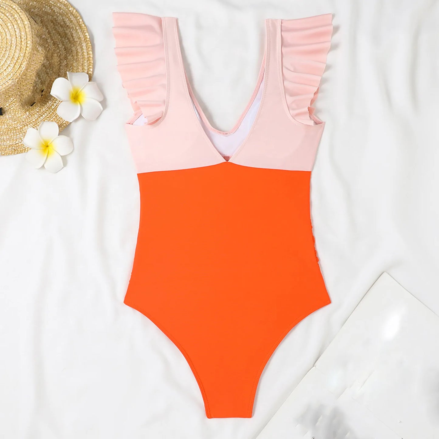 One Piece Swimsuit V Neck Solid Color Backless Tummy Control