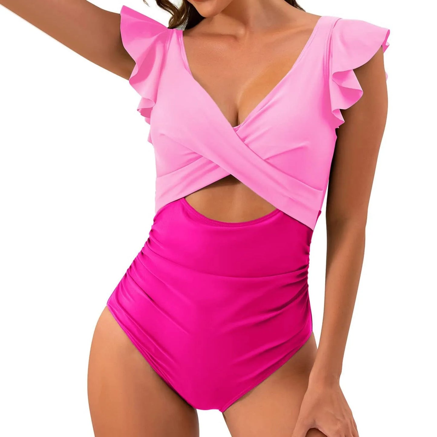 One Piece Swimsuit V Neck Solid Color Backless Tummy Control