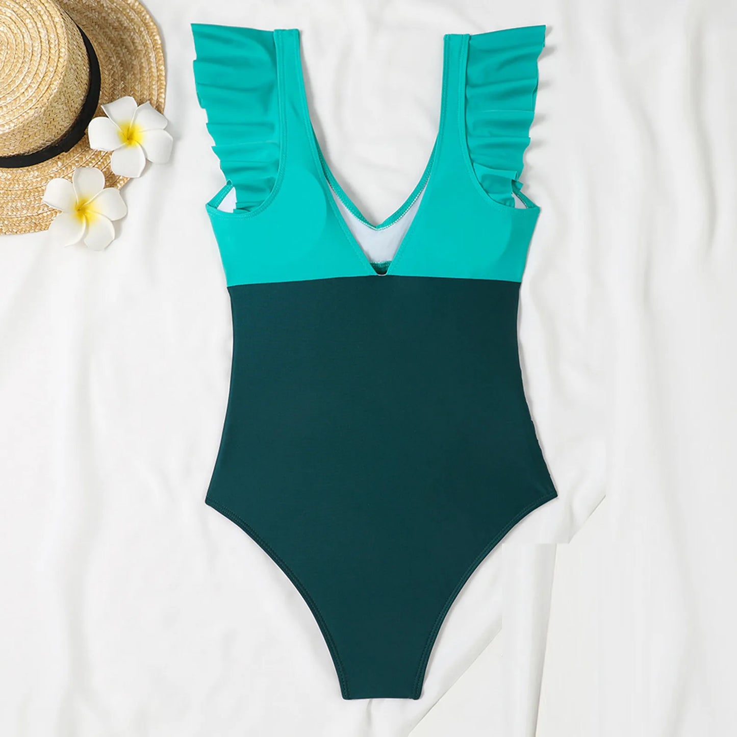 One Piece Swimsuit V Neck Solid Color Backless Tummy Control