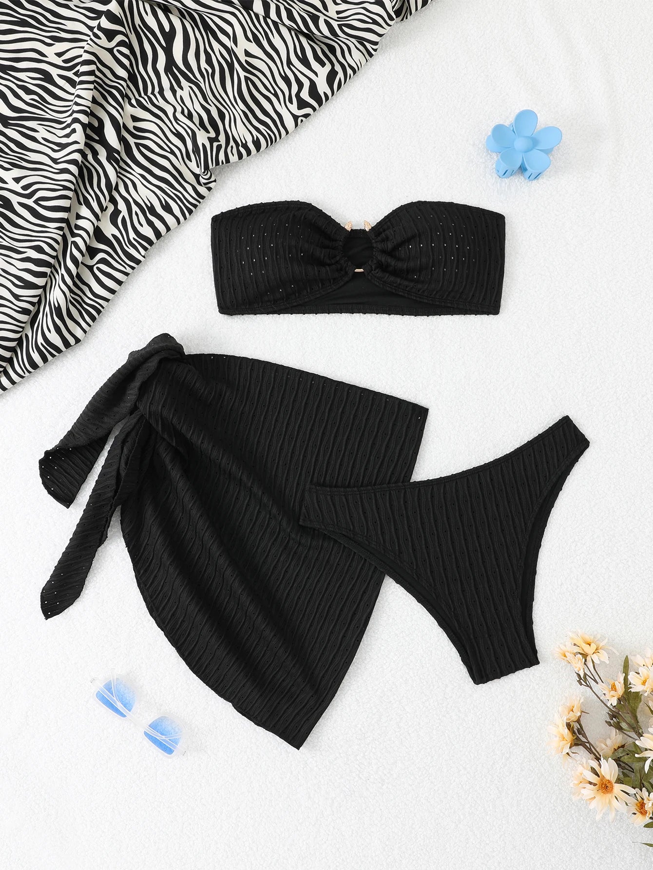 3 Piece Bandeau Bikini With Beach Skirt Bathing Swimsuit