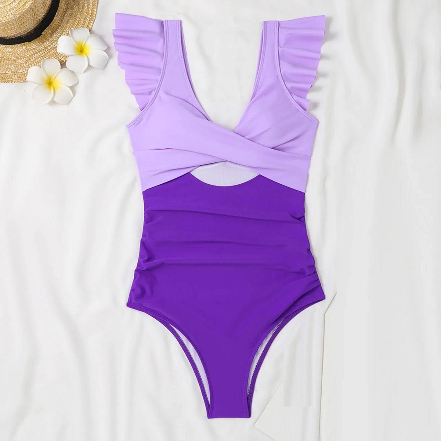 One Piece Swimsuit V Neck Solid Color Backless Tummy Control