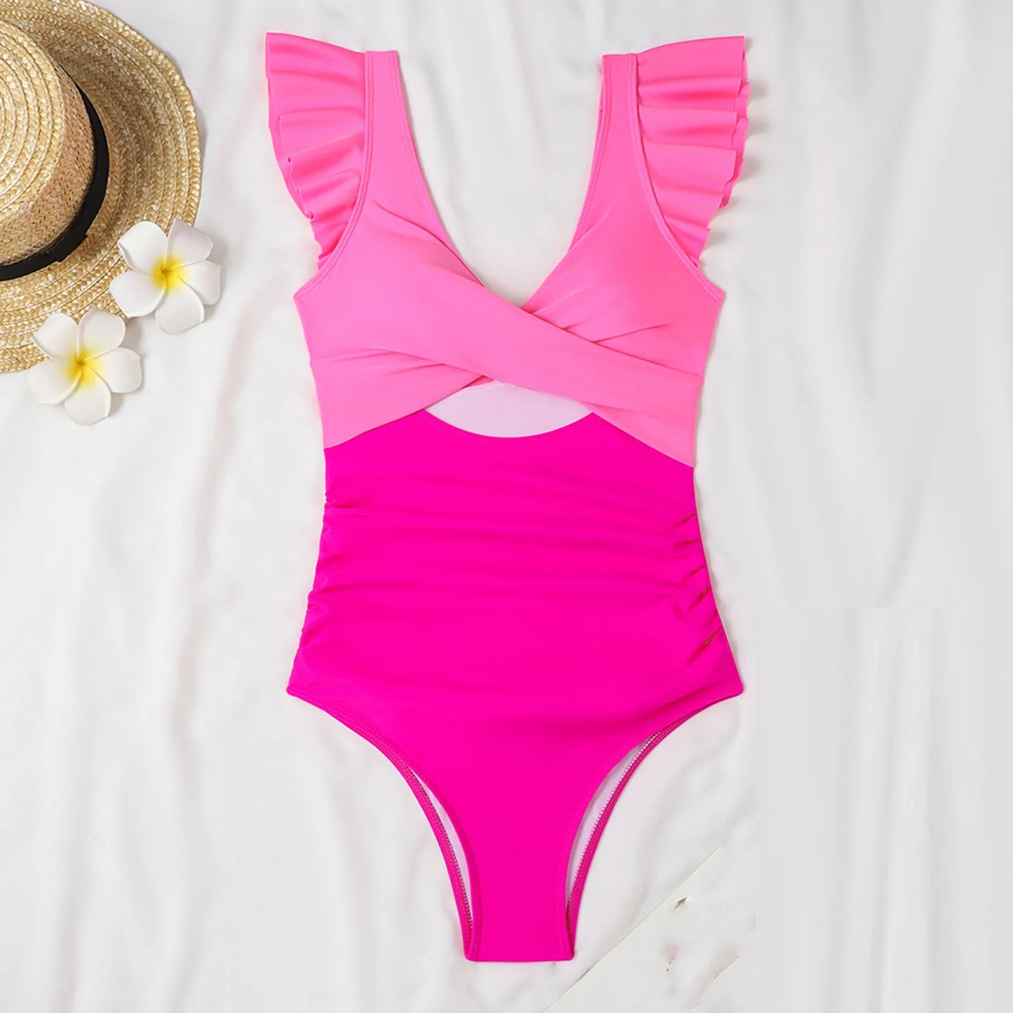 One Piece Swimsuit V Neck Solid Color Backless Tummy Control